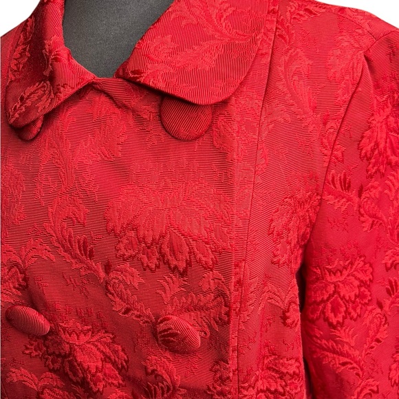 Talbots Jacket Pea Coat Large Red Floral Brocade Double Breasted Fully Lined - Picture 5 of 16